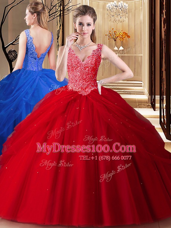 Elegant Backless V-neck Sleeveless Quinceanera Gowns Floor Length Lace and Appliques and Pick Ups Red Tulle