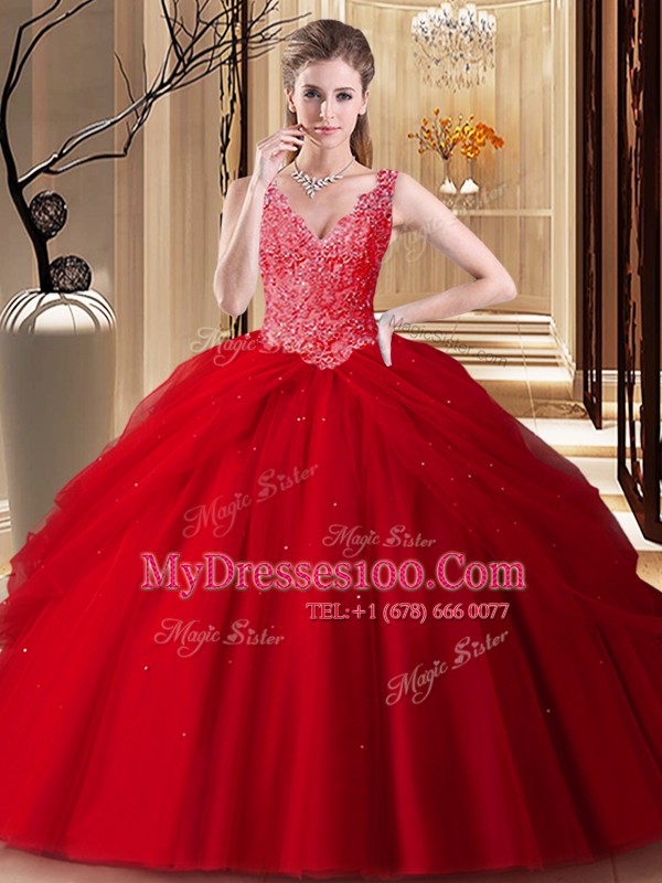 Elegant Backless V-neck Sleeveless Quinceanera Gowns Floor Length Lace and Appliques and Pick Ups Red Tulle
