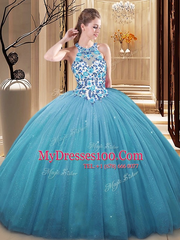 Traditional Blue Lace Up Quinceanera Gowns Lace and Appliques Sleeveless Floor Length
