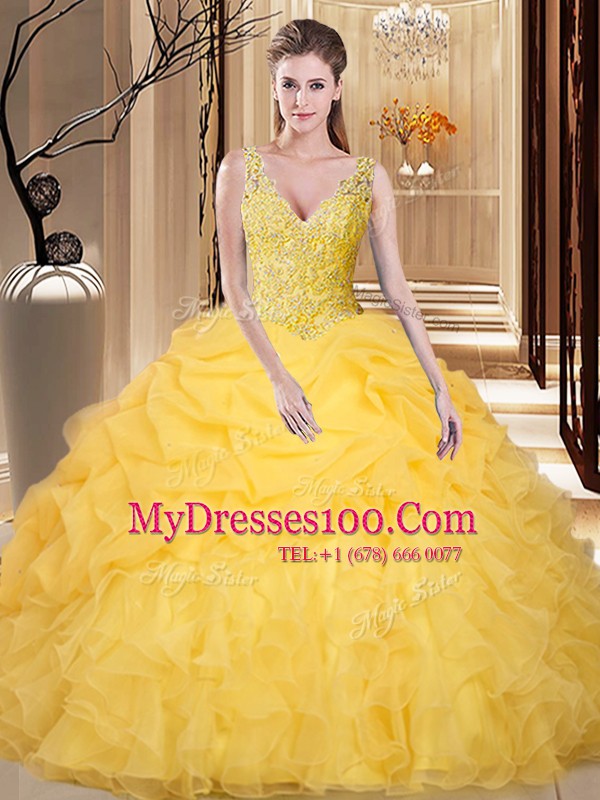 Floor Length Backless Quinceanera Gowns Gold for Military Ball and Sweet 16 and Quinceanera with Lace and Appliques and Ruffles and Pick Ups