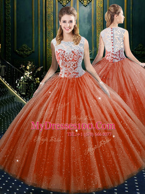 Latest Orange Red Sleeveless Lace Floor Length Vestidos de Quinceanera