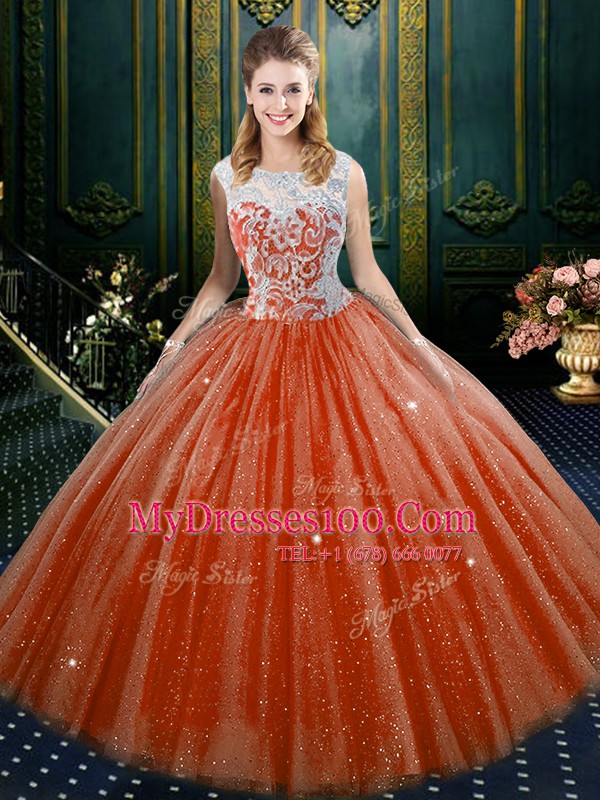 Latest Orange Red Sleeveless Lace Floor Length Vestidos de Quinceanera