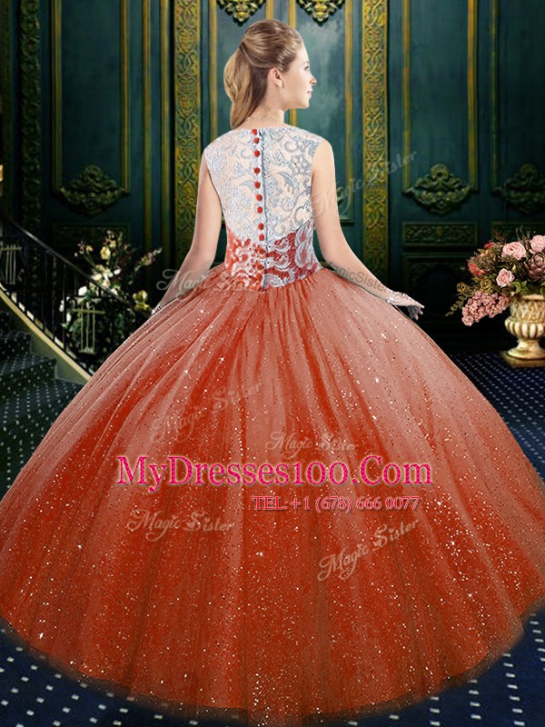 Latest Orange Red Sleeveless Lace Floor Length Vestidos de Quinceanera