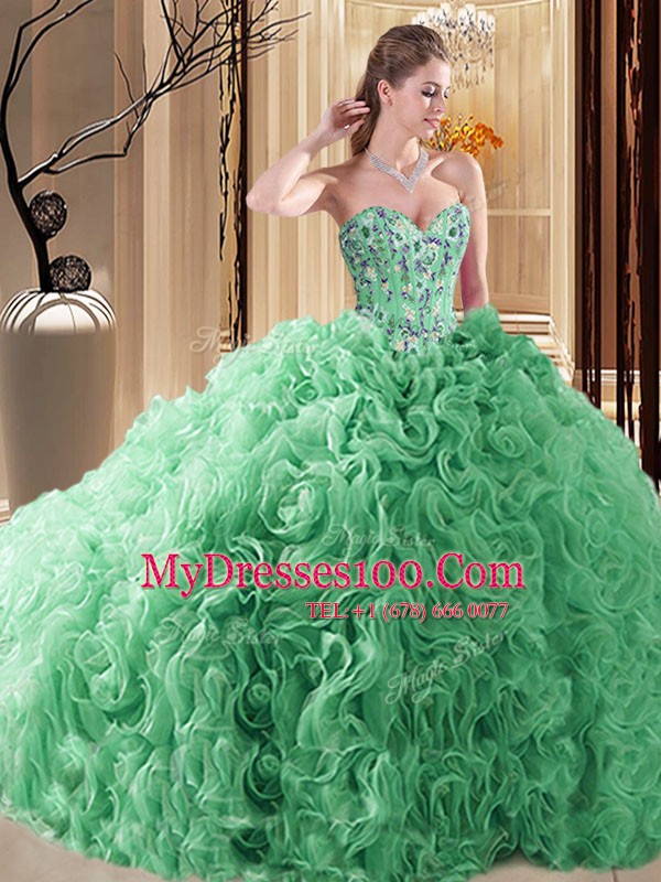 Hot Sale Turquoise Lace Up Sweetheart Embroidery and Ruffles Quinceanera Gowns Fabric With Rolling Flowers Sleeveless Court Train