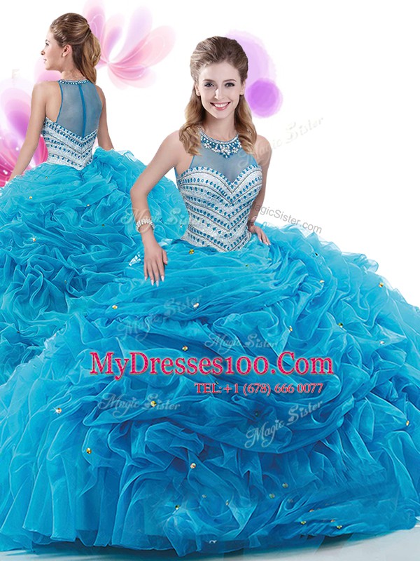 Superior Four Piece Pick Ups High-neck Sleeveless Court Train Zipper Vestidos de Quinceanera Aqua Blue Organza