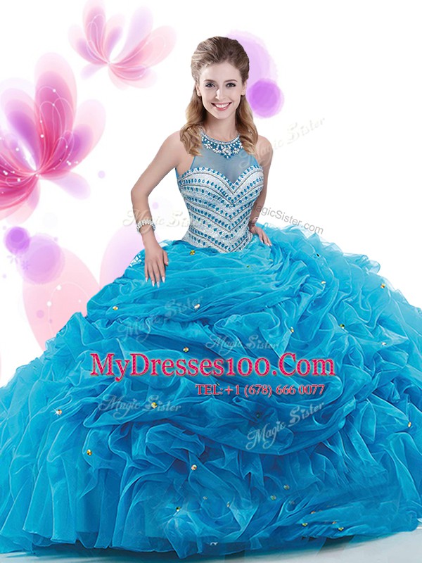 Superior Four Piece Pick Ups High-neck Sleeveless Court Train Zipper Vestidos de Quinceanera Aqua Blue Organza