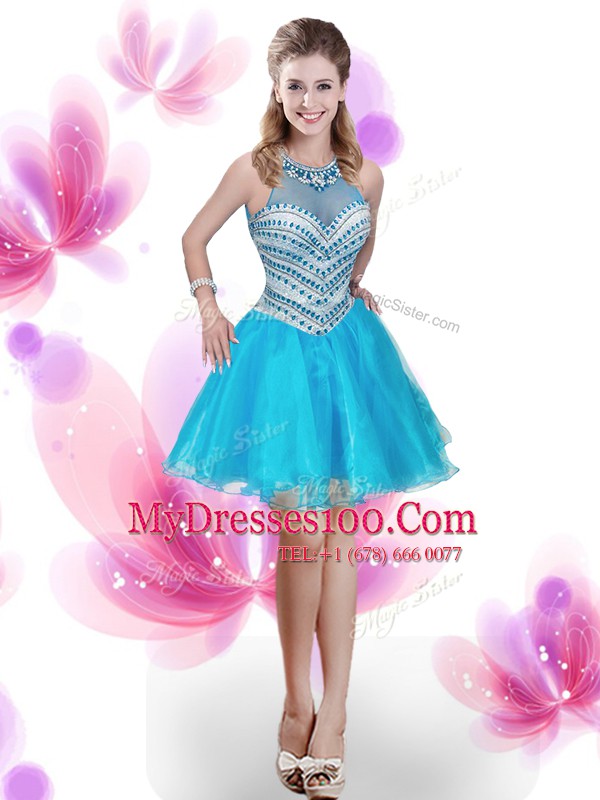 Superior Four Piece Pick Ups High-neck Sleeveless Court Train Zipper Vestidos de Quinceanera Aqua Blue Organza