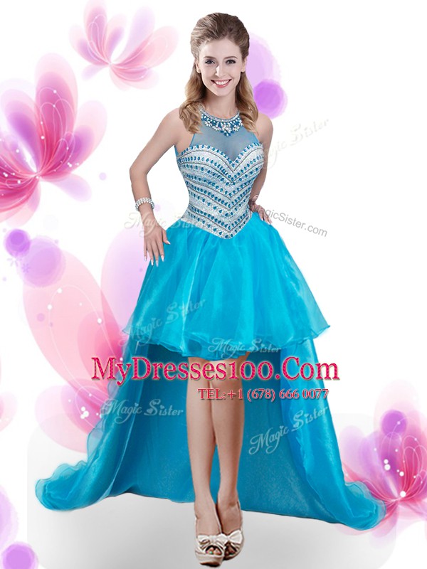 Superior Four Piece Pick Ups High-neck Sleeveless Court Train Zipper Vestidos de Quinceanera Aqua Blue Organza
