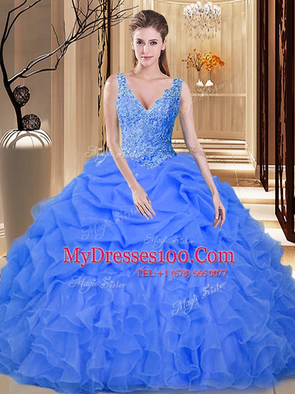 Organza V-neck Sleeveless Backless Lace and Appliques and Ruffles and Pick Ups Sweet 16 Dresses in Blue