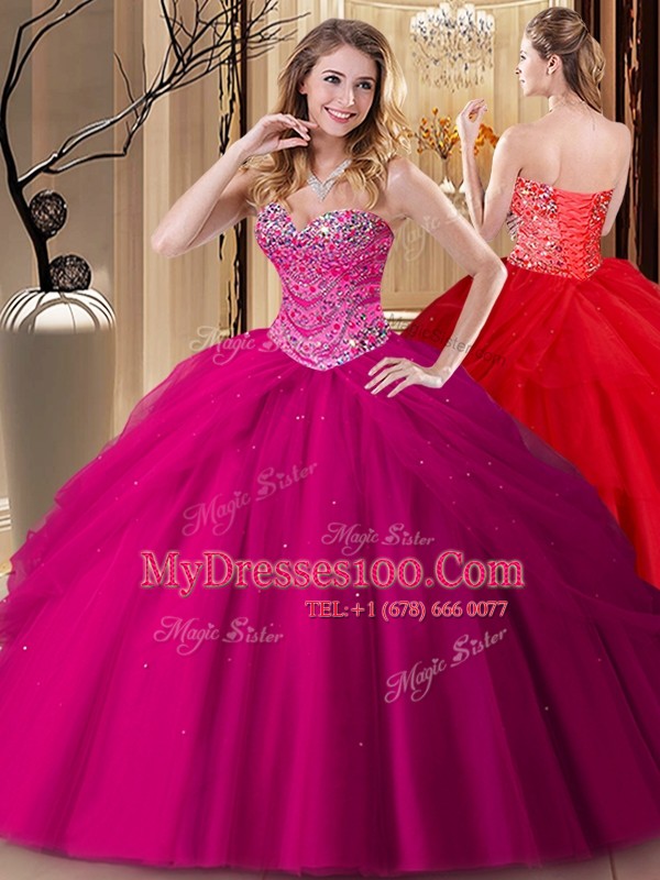 Stylish Fuchsia Sweetheart Neckline Beading Quinceanera Dresses Sleeveless Lace Up