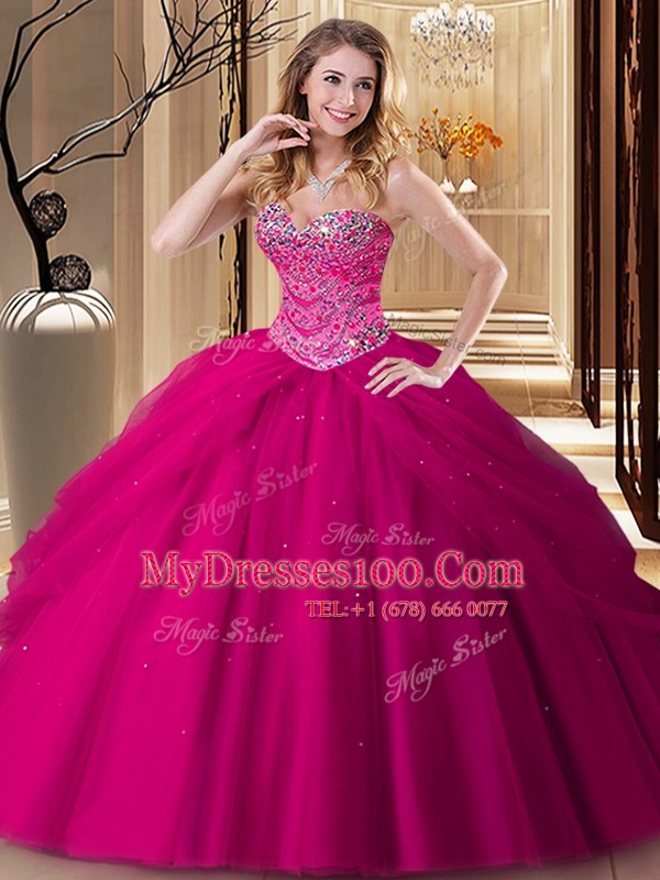 Stylish Fuchsia Sweetheart Neckline Beading Quinceanera Dresses Sleeveless Lace Up
