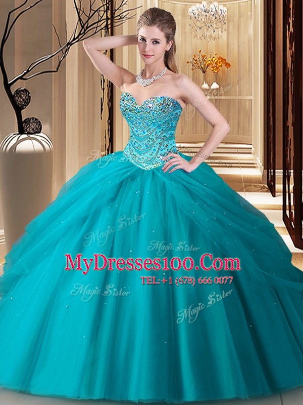 Teal Tulle Lace Up Vestidos de Quinceanera Sleeveless Floor Length Beading