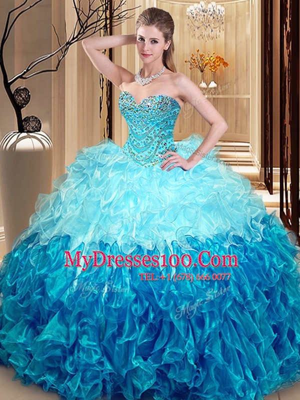 Sleeveless Organza Asymmetrical Lace Up 15 Quinceanera Dress in Multi-color with Beading and Ruffles
