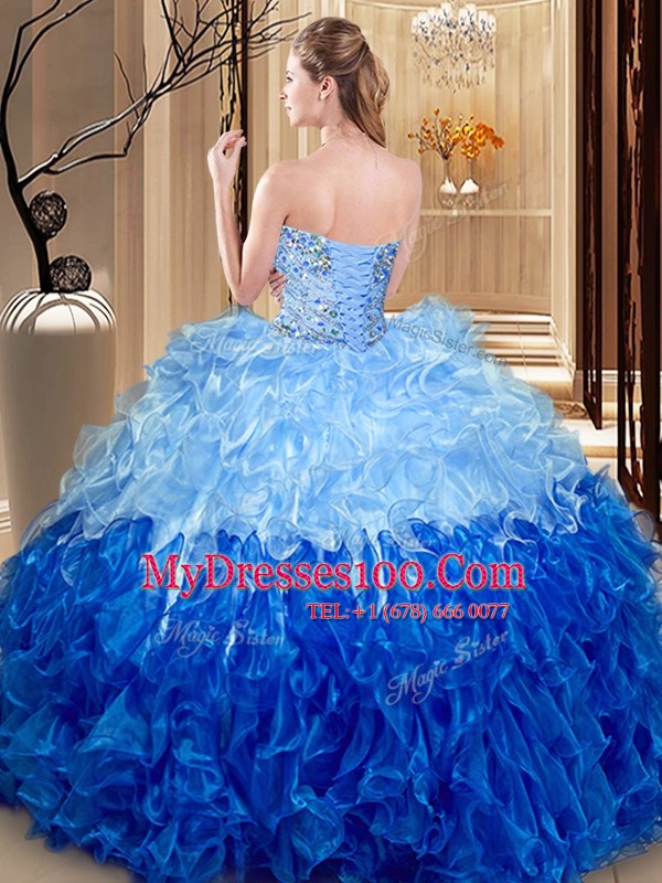 Sleeveless Organza Asymmetrical Lace Up 15 Quinceanera Dress in Multi-color with Beading and Ruffles