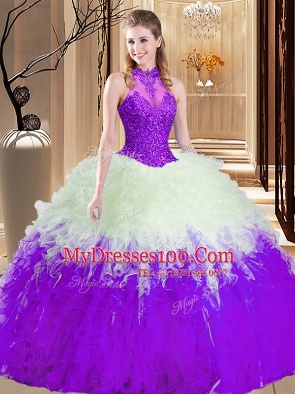 Glittering White And Purple Sweet 16 Dress Military Ball and Sweet 16 and Quinceanera and For with Lace and Appliques and Ruffles High-neck Sleeveless Lace Up