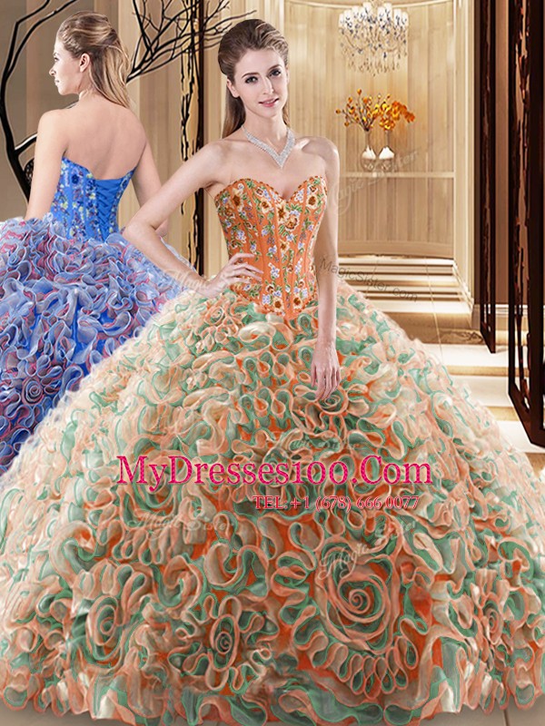 Multi-color Ball Gowns Fabric With Rolling Flowers Sweetheart Sleeveless Embroidery and Ruffles With Train Lace Up Ball Gown Prom Dress Brush Train