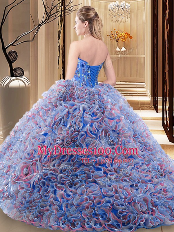Multi-color Ball Gowns Fabric With Rolling Flowers Sweetheart Sleeveless Embroidery and Ruffles With Train Lace Up Ball Gown Prom Dress Brush Train