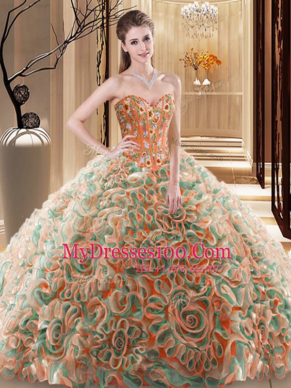 Multi-color Ball Gowns Fabric With Rolling Flowers Sweetheart Sleeveless Embroidery and Ruffles With Train Lace Up Ball Gown Prom Dress Brush Train