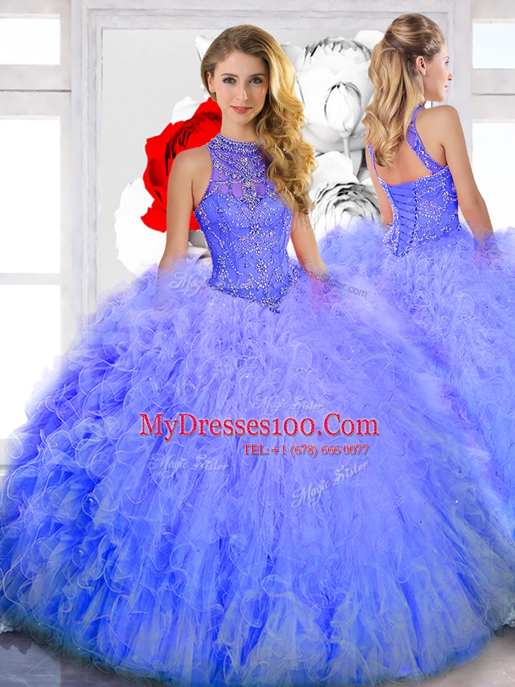 Glittering High-neck Sleeveless Tulle Sweet 16 Quinceanera Dress Beading and Ruffles Lace Up
