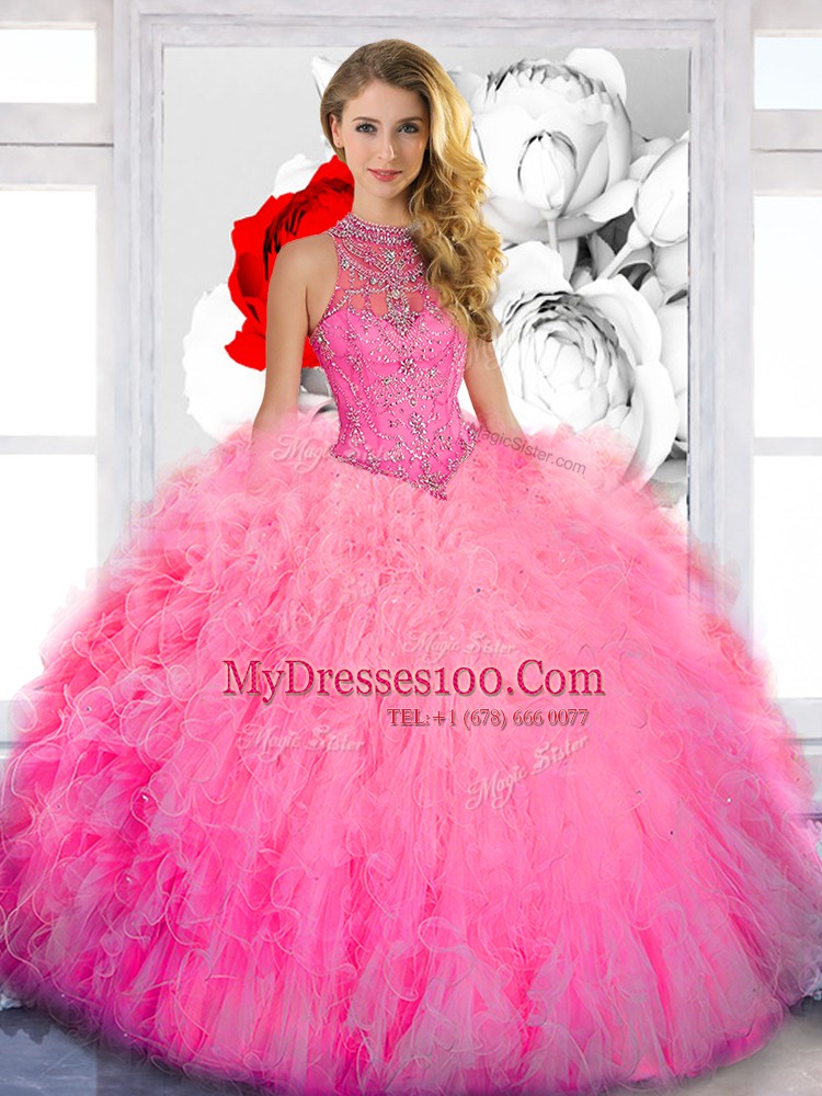 Glittering High-neck Sleeveless Tulle Sweet 16 Quinceanera Dress Beading and Ruffles Lace Up