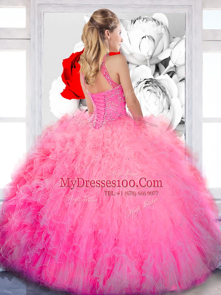 Glittering High-neck Sleeveless Tulle Sweet 16 Quinceanera Dress Beading and Ruffles Lace Up