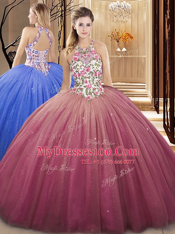 High-neck Sleeveless Tulle Quinceanera Gowns Lace and Appliques Lace Up