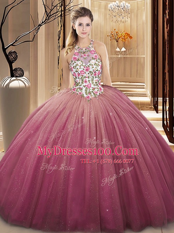 High-neck Sleeveless Tulle Quinceanera Gowns Lace and Appliques Lace Up