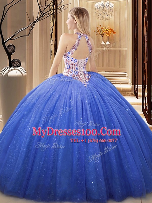 High-neck Sleeveless Tulle Quinceanera Gowns Lace and Appliques Lace Up
