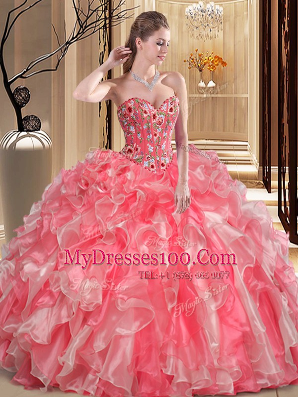 Modest Ball Gowns Quinceanera Dress Watermelon Red Sweetheart Organza Sleeveless Floor Length Lace Up