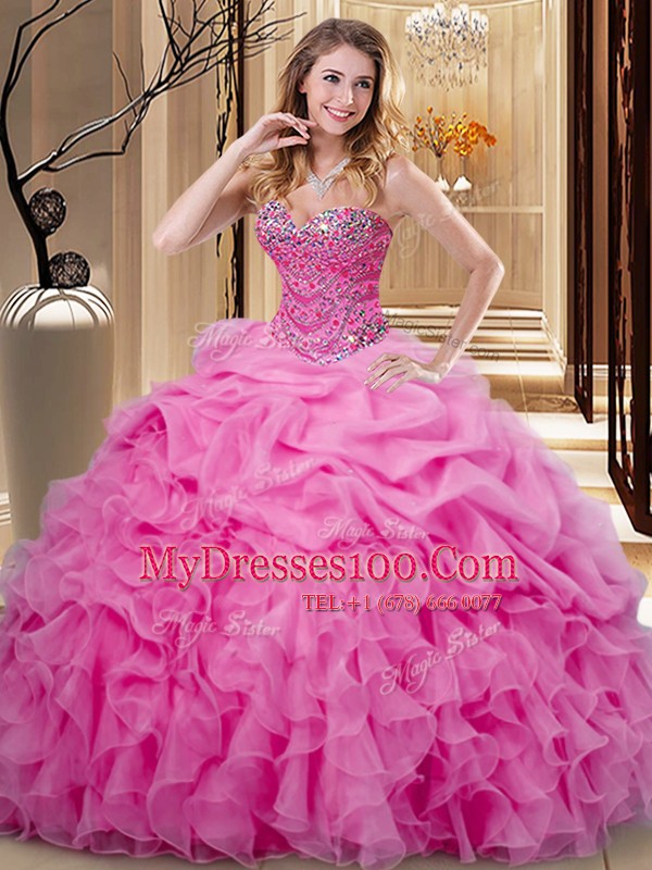 Rose Pink Ball Gowns Organza Sweetheart Sleeveless Beading and Ruffles and Pick Ups Floor Length Lace Up Quinceanera Dress