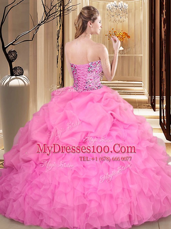 Rose Pink Ball Gowns Organza Sweetheart Sleeveless Beading and Ruffles and Pick Ups Floor Length Lace Up Quinceanera Dress