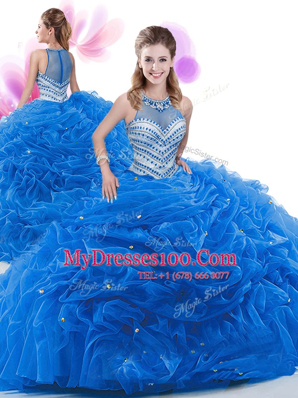 Royal Blue 15th Birthday Dress Military Ball and Sweet 16 and Quinceanera and For with Ruffles Sleeveless Court Train Zipper