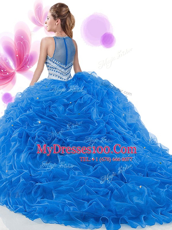 Royal Blue 15th Birthday Dress Military Ball and Sweet 16 and Quinceanera and For with Ruffles Sleeveless Court Train Zipper