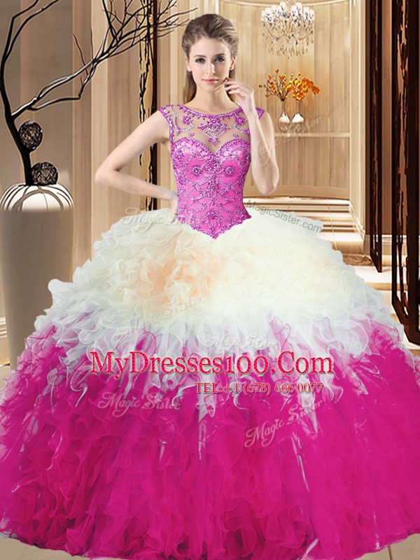 Modest Multi-color Backless High-neck Beading and Ruffles Quinceanera Gown Tulle Sleeveless