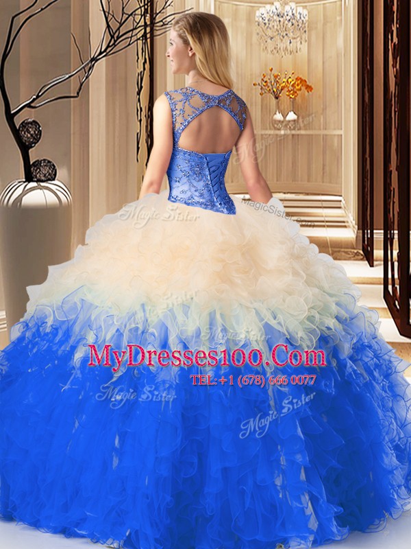 Modest Multi-color Backless High-neck Beading and Ruffles Quinceanera Gown Tulle Sleeveless