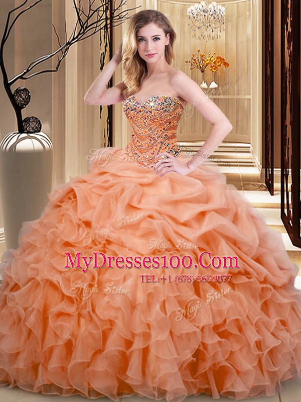 Superior Orange Sweetheart Lace Up Beading and Ruffles and Pick Ups Sweet 16 Dress Sleeveless