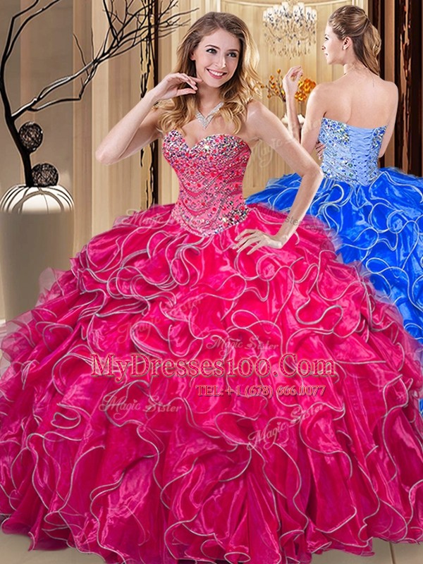 Colorful Hot Pink Sleeveless Beading and Ruffles Floor Length Quince Ball Gowns