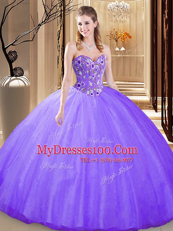 Tulle Sleeveless Floor Length Sweet 16 Dresses and Embroidery