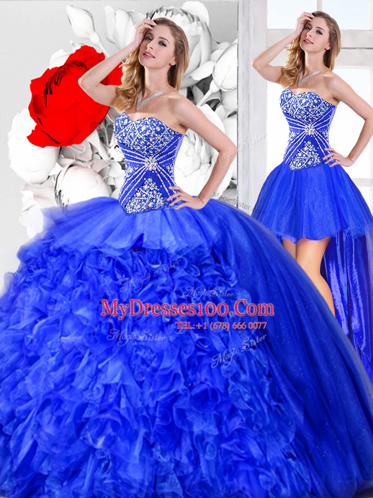 Customized Three Piece Ball Gowns Sweet 16 Dress Blue Sweetheart Organza Sleeveless Floor Length Lace Up