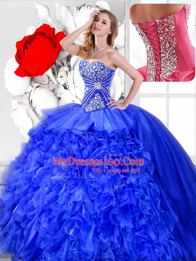 Customized Three Piece Ball Gowns Sweet 16 Dress Blue Sweetheart Organza Sleeveless Floor Length Lace Up