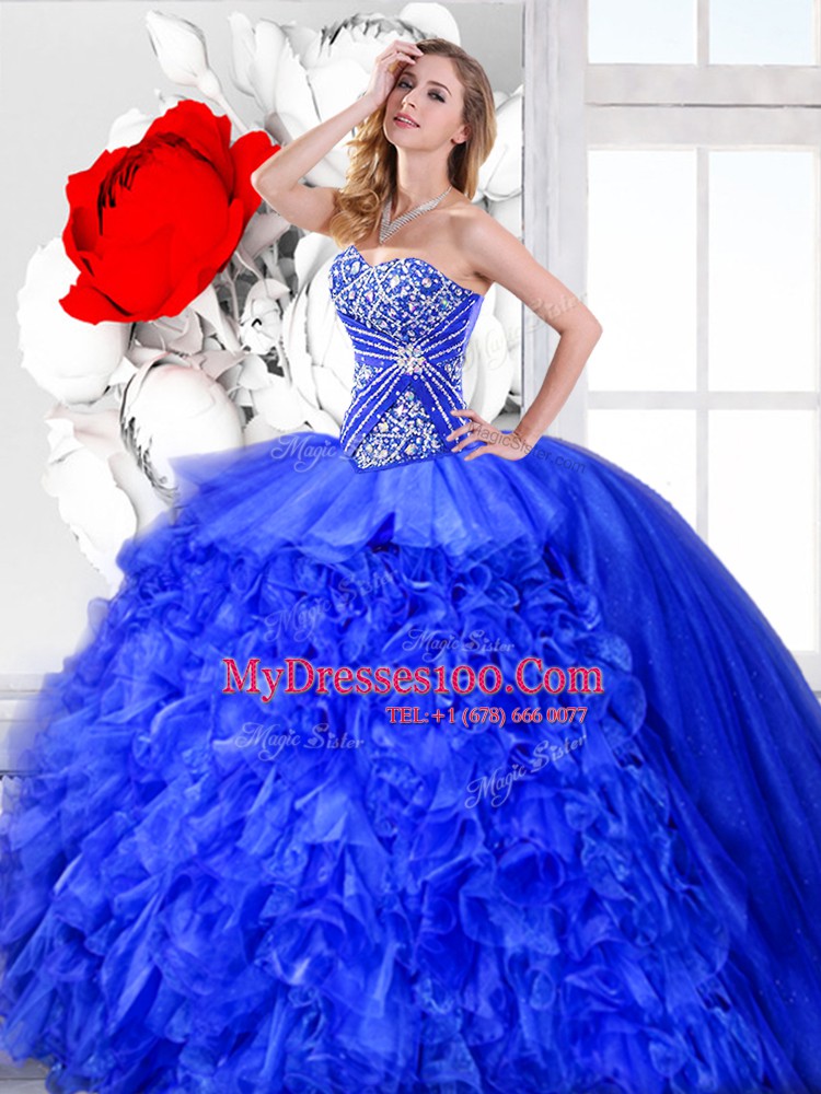 Customized Three Piece Ball Gowns Sweet 16 Dress Blue Sweetheart Organza Sleeveless Floor Length Lace Up
