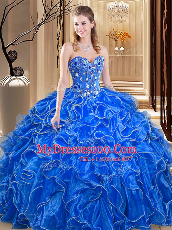 Chic Sleeveless Organza Floor Length Lace Up Quince Ball Gowns in Royal Blue with Embroidery and Ruffles