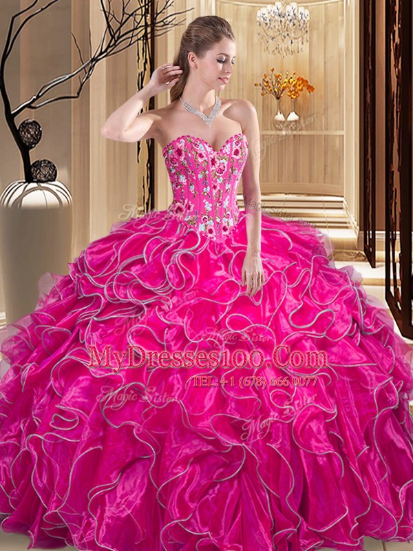 High Quality Sweetheart Sleeveless Organza Quinceanera Dresses Embroidery and Ruffles Lace Up