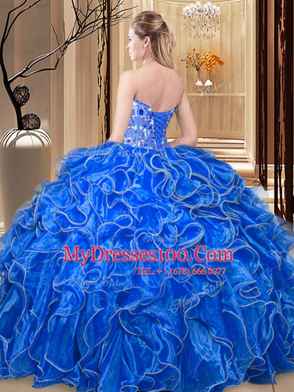 High Quality Sweetheart Sleeveless Organza Quinceanera Dresses Embroidery and Ruffles Lace Up