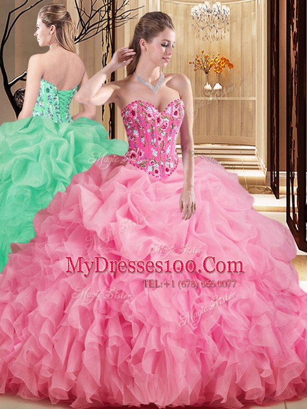 Rose Pink Lace Up Sweetheart Embroidery and Ruffles and Pick Ups Quinceanera Gown Organza Sleeveless Brush Train
