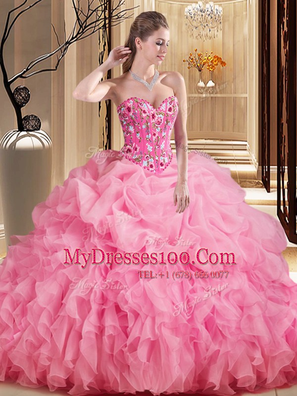 Rose Pink Lace Up Sweetheart Embroidery and Ruffles and Pick Ups Quinceanera Gown Organza Sleeveless Brush Train