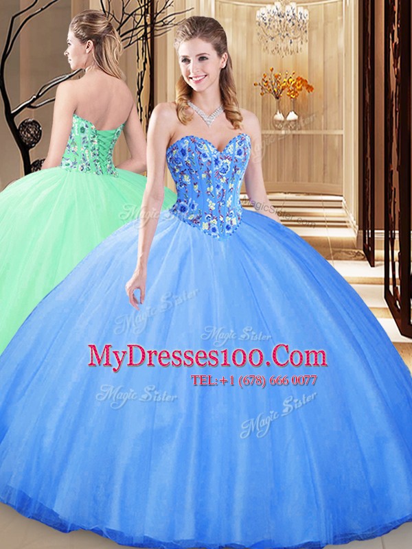 Inexpensive Blue Sleeveless Tulle Lace Up Ball Gown Prom Dress for Prom and Military Ball and Sweet 16