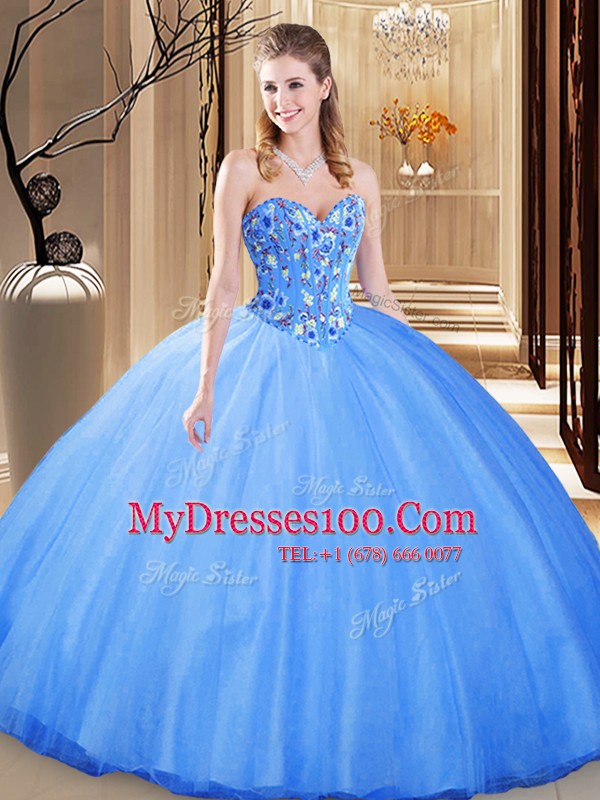 Inexpensive Blue Sleeveless Tulle Lace Up Ball Gown Prom Dress for Prom and Military Ball and Sweet 16