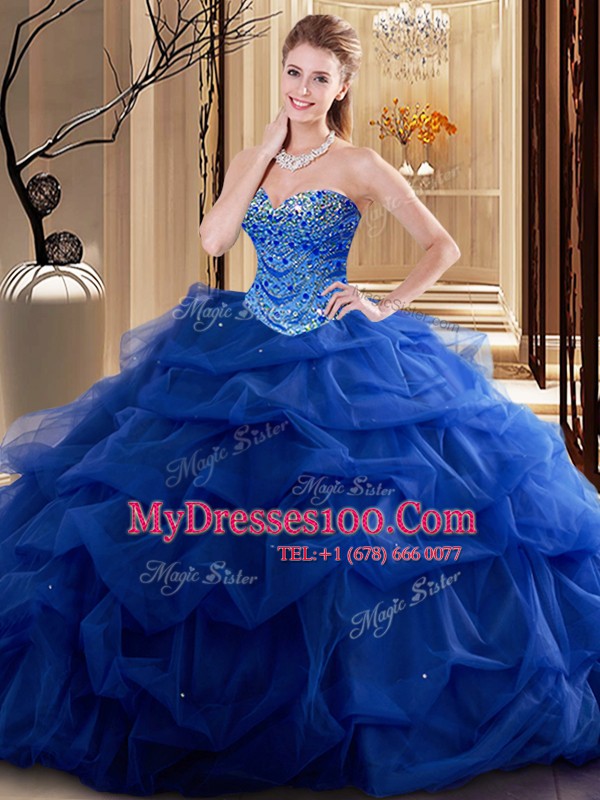 Fashion Royal Blue Tulle Lace Up Sweetheart Sleeveless Floor Length 15th Birthday Dress Beading