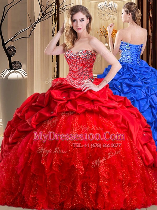 Decent Red Sweetheart Lace Up Beading and Ruffles Quinceanera Dresses Brush Train Sleeveless